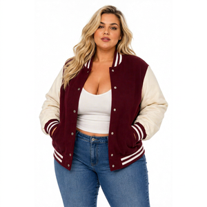 Women's Winter Solid Casual Warm <b>Woolen</b> Varsity Jacket Letterman Bomber Jacket Contrasting Sleeve Regular Fit Windproof Pockets - Product Image 1