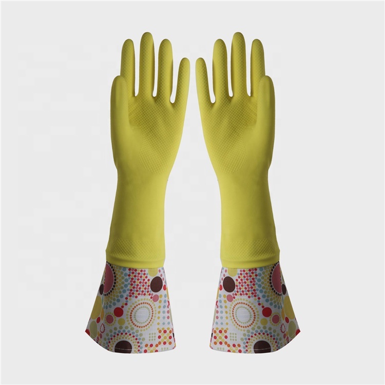 Durable adapté aux besoins du client À Manches Longues Gants En Caoutchouc Latex Orange Vaporisateur Floqué Gant de Ménage
