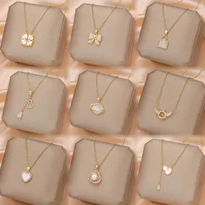 Luxury stainless steel 18K clover necklace gold diamond butterfly fashion star moon pendant women's clavicle chain jewelry