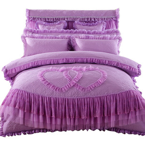 Hot Sale European Style Cotton Lace Edge 4 Pieces <strong>Purple</strong> <strong>Bedding</strong> <strong>Set</strong> Textiles Bedroom Bed Skirt <strong>Bedding</strong> <strong>Set</strong> - Product Image 1