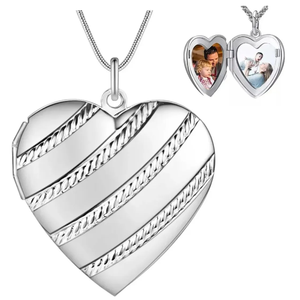 14K Gold .925 Sterling <b>Silver</b> Rose Gold <b>Heart</b> Engraved Locket <b>Necklace</b> with Diamond Zircon Rhodium Plated Classic Orthodox Style - Product Image 2