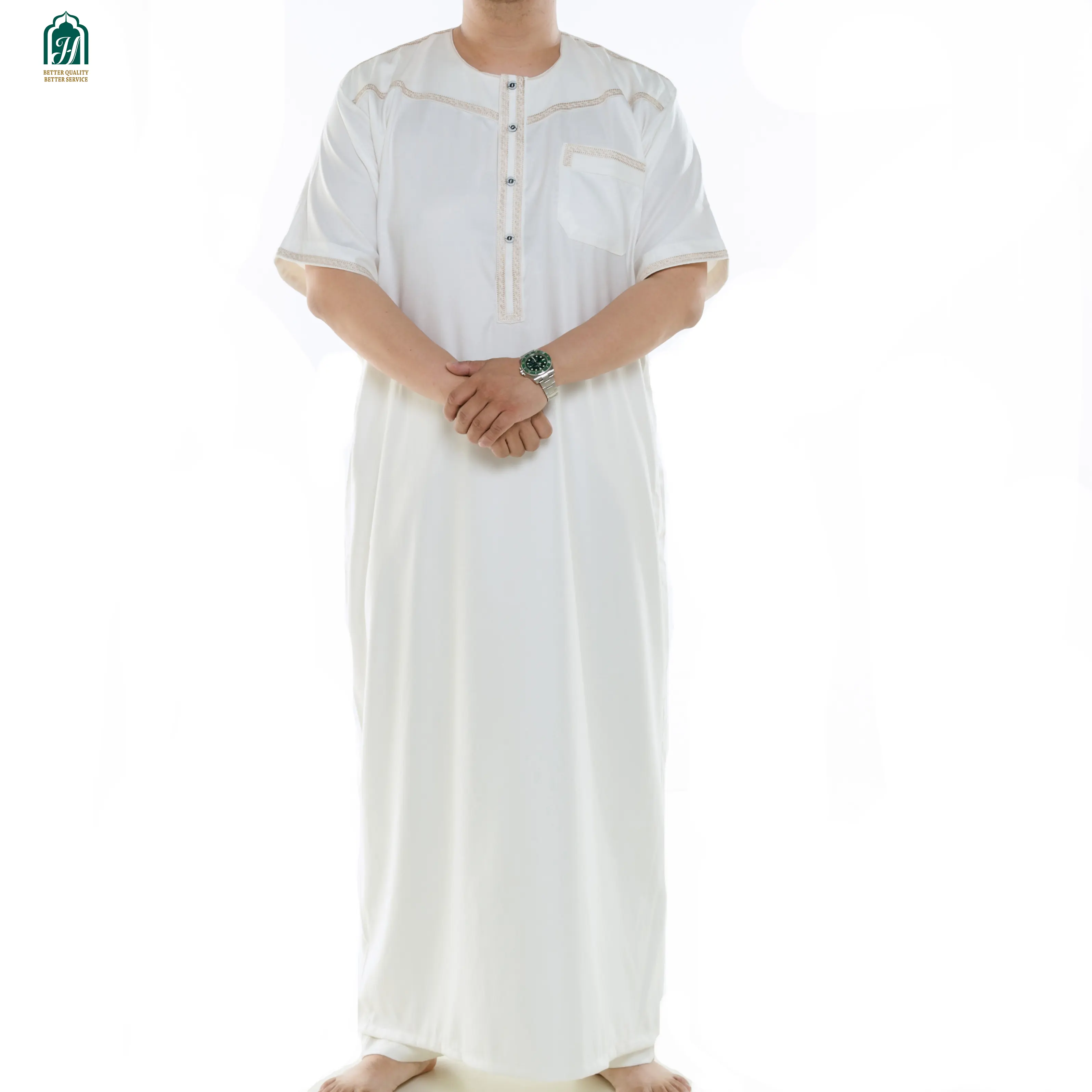 อิสลามเสื้อผ้าคุณภาพดีการออกแบบที่ทันสมัยปากีสถานผู้ชายสำเนียงสีเทา Thobe แฟชั่น Jubba