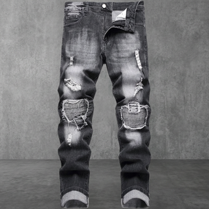 High Quality Custom Made High Street Solid Patchwork Washed Distressed Denim Pants High Waist Breathable <b>Jeans</b> for Men's Wear - Product Image 3