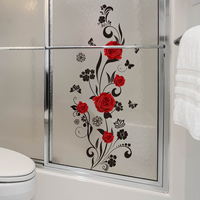Autocollant mural auto-adhésif CT2037 pour salle de bain, motif rose rouge, papillon, fleur de vigne vintage, pour douche