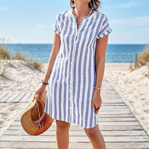 Women's Fashion Summer Midi Shirt Dress Elegant Casual Striped Stand Collar Front Button Loose Short Sleeves Woven Digital - Product Image 3