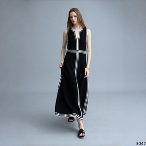 Abito lungo estivo da donna, nuovo arrivo, stile retrò, senza maniche, <span class=keywords><strong>in</strong></span> <span class=keywords><strong>maglia</strong></span>, scollo a V, con bordo a contrasto, linea ad A, orlo <span class=keywords><strong>svasato</strong></span>, casual, per vacanze - Product Image 5