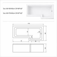 Baignoire en L avec extrémité large pour une utilisation combinée douche et bain, 170 cm, en acrylique, baignoire murale