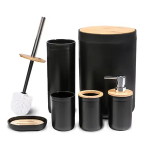 럭셔리 뉴 디자인 가정용 6 조각 대나무 뚜껑 플라스틱 욕실 액세서리 세트