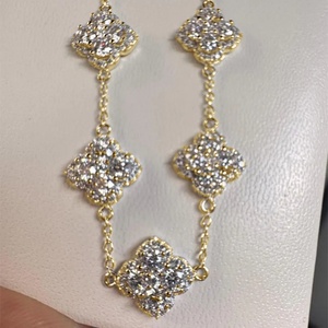 Fashion Jewelry Copper 14K Gold Plated Bezel Setting Five Flower VVS GRA Moissanite Four Leaf Clover Chain Link <b>Bracelets</b> - Product Image 3