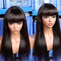 Perruques Noires Naturelles Brun Frange Cheveux Humains, Fabriquées à la Machine, Cuticules Alignées, Avec Frange, Pour Femmes Noires
