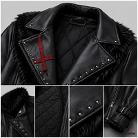 Blouson en cuir PU noir pour homme, style motard, avec garniture en fausse fourrure et clous, vêtement d'extérieur vegan style punk rock, logo personnalisé, fournisseurs en gros