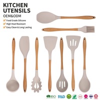 Ustensiles de cuisine en silicone résistant à la chaleur avec manche en bois pour ustensiles de cuisson antiadhésifs : spatule, cuillère, brosse, fouet, pince, louche