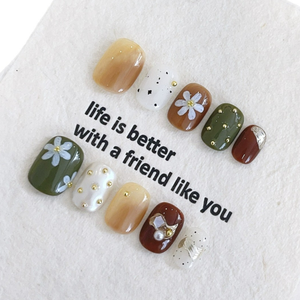 <span class=keywords><strong>Uñas</strong></span> Postizas Acrílicas Cuadradas Hechas a Mano Laisense, <span class=keywords><strong>Color</strong></span> Marrón, Verde y Blanco Vintage con Perlas Florales y Líneas Metálicas para Dedos - Product Image 4