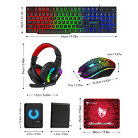 T-WOLF TF880 Ensemble de jeu 5-en-1 Clavier éclairé Souris Casque Haut-parleurs et tapis de souris