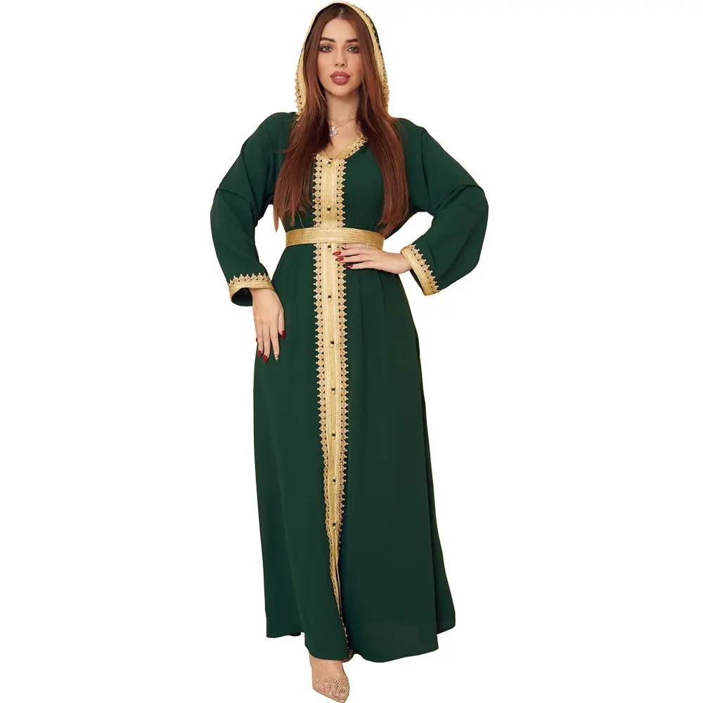 New Fashion Womens Casual Elegant Loose Long Sleeve V-Neck Front Buttons muslim Saudi Arabian Hooded Abaya Muslim Dress