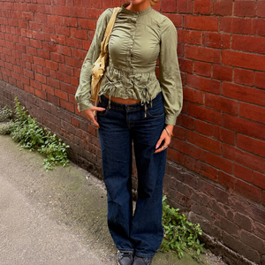 American Vintage Distressed Stand <b>Collar</b> Drawstring Waist Cinching Utility <b>Shirt</b> Elegant Flattering Button Puff Sleeve Top Women - Product Image 4