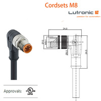 Conector M8 para Actuador/Sensor, Impermeable IP67, Sobre-moldeado, Macho de un Solo Extremo, Angular, 3 Polos, Codificación A, Contacto Dorado, 4A, Automotriz