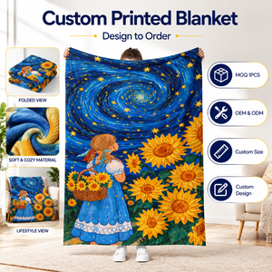 Nueva Manta Personalizada con Diseño de Girasol Estrellado, Escena de Niña con Vestido Azul, Manta con Estampado Personalizado para Dormitorio, Sofá, Sala de Estar, Regalo para el Hogar - Product Image 1