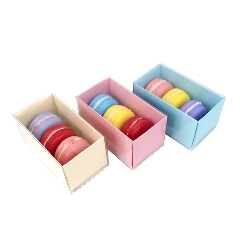 Custom Printed 3 Macaron Cookie Boxes Dessert Slid Drawer Small Paper Gift Box With Clear Sleeve