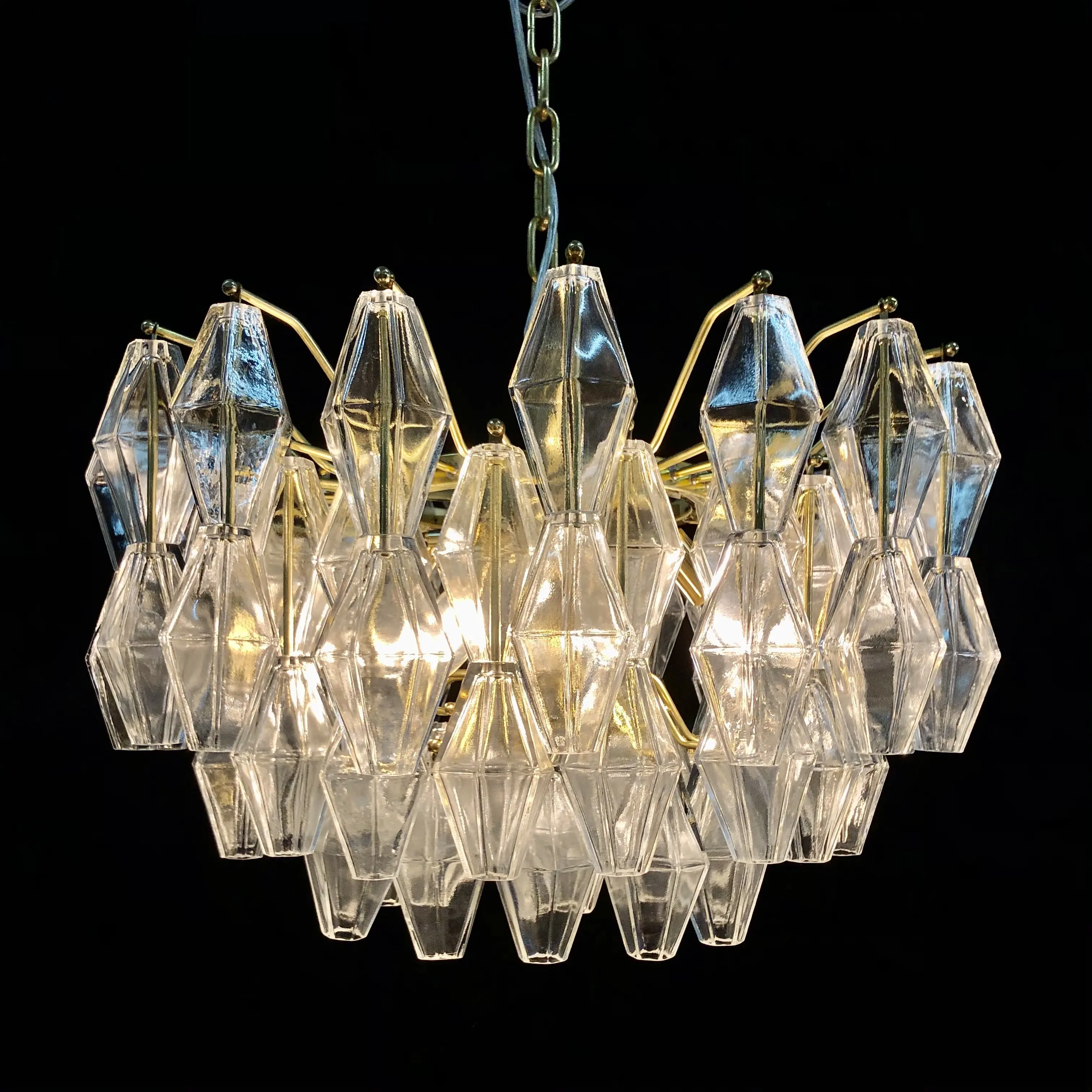 Handmade Vintage Venini Collection Poliedri Murano Clear Glass Chandelier Pendants Light Gold Metal frame For Indoor Decor