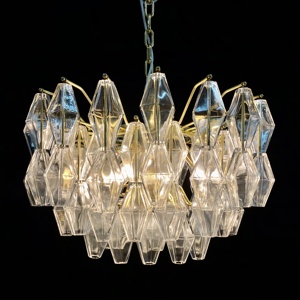 Lampadario Artigianale <span class=keywords><strong>Vintage</strong></span> Collezione <span class=keywords><strong>Venini</strong></span> Poliedri in Vetro di Murano Trasparente con Struttura in Metallo Dorato per Arredamento Interno - Product Image 1