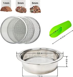 Ensemble de tamis à terre pour jardin en acier inoxydable rond, mailles interchangeables de 1 mm, 3 mm, 5 mm avec mini pelle, tamis à terre réutilisable pour rempotage - Product Image 2