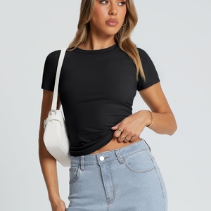 Camiseta de Alta Calidad para Mujer, Básica, de Manga Corta, Ajustada, Cuello Redondo, Corta, Suave, para Verano, Gimnasio, Moda - Product Image 2