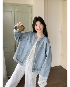Manteau en jean matelassé haut de gamme avec dentelle et empiècements pour <span class=keywords><strong>femme</strong></span>, idéal printemps-automne, style décontracté - Product Image 6