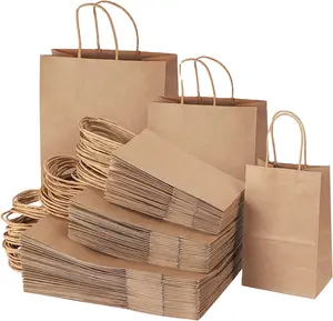 Sacos de papel marrom com alças tamanho misto sacos de presente em massa para compras de negócios