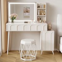Ensemble coiffeuse de luxe en bois crème de style européen avec miroir LED et rangement à tiroirs pour chambre à coucher