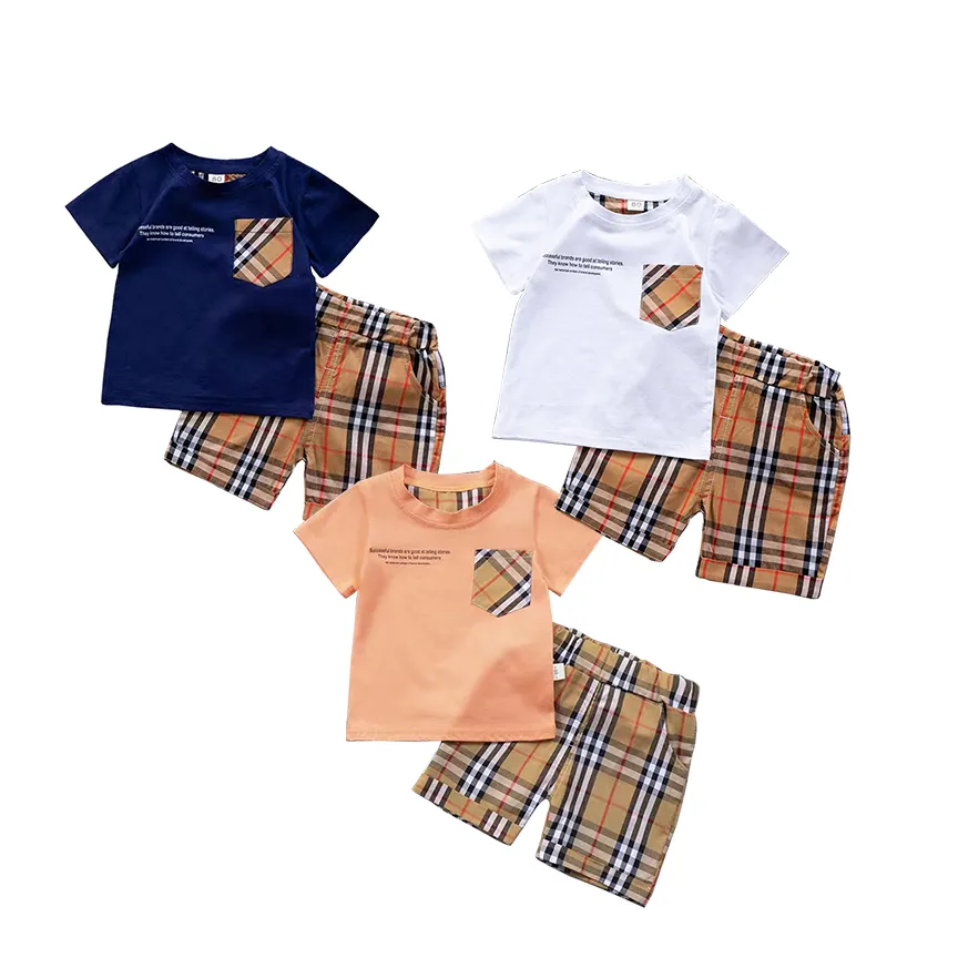 RTS 2023 Little Baby Boys Clothing Sets Boutique Summer 2022 Plaid Pattern Short Sleeve T shirts + Pants For Kids Children