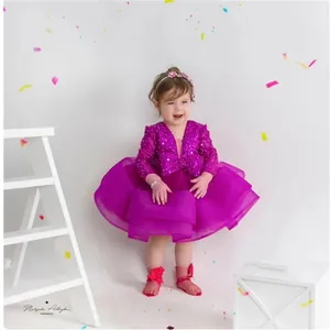 Çiçek kız elbise sevimli diz boyu doğum günü balo parti Sequins kıyafeti çocuk elbiseleri tül ilk kutsal cemaat elbise - Product Image 4