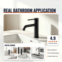 Robinet Mitigeur Monocommande Noir Mat pour Lavabo, à Poser sur Plan, en Laiton