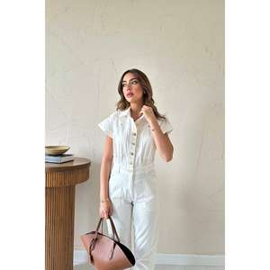 Overol de Mezclilla de Algodón Blanco para Mujer, Estilo Simple, Lavable, Manga Corta, Corte Clásico - Product Image 3