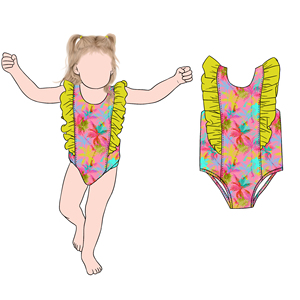 Baju Renang Anak Perempuan Motif Pohon Tropis Desain Baru dengan Ruffle Ganda Satu Potong untuk Liburan Pantai - Product Image 2