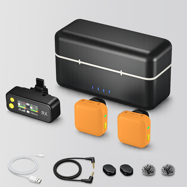 2 in 1 Wireless Lavalier Microphone Orange 300m Range 8H AI Noise Reduction 5 Colors Available for YouTube TikTok Recording