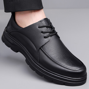 Chaussures décontractées en cuir véritable noir à lacets avec doublure en fausse fourrure, semelle en caoutchouc souple pour hommes, chaussures de conduite à bout rond pour l'automne - Product Image 2