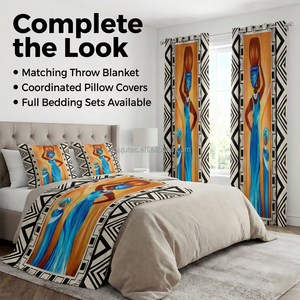 Rideaux afrocentriques occultants à 95 % de qualité supérieure, œuvre d'art colorée représentant une femme africaine, bordure tribale, œillets, drapé, rideaux 100 % polyester - Product Image 1