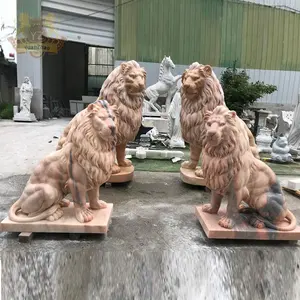 中国大理石石狮雕像真人大小夕阳红石狮家族雕像入口装饰雕塑