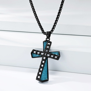 New Shan Hai yunnique style natural turquoise cross necklace, niche and unique <b>titanium</b> steel non-fading sweater ch - Product Image 4
