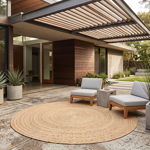 Tapis rond en jute tressé écologique, couleur unie, style moderne, tapis de sol pour salon, antidérapant, à poils ras, épaisseur moyenne - Product Image 5