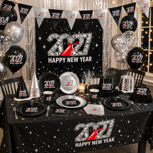 Fournitures pour fête du Nouvel <span class=keywords><strong>An</strong></span> 2027, ensemble de vaisselle jetable noir et argent, assiettes, gobelets, serviettes, décorations pour la fête du réveillon du Nouvel <span class=keywords><strong>An</strong></span> - Product Image 3