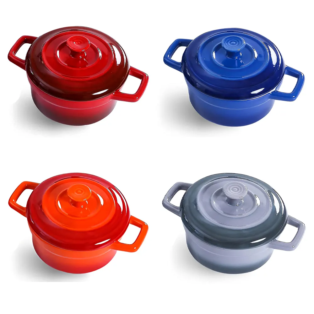 12 Oz keramik Mini Cocotte porsi Casserole piring Pot dengan tutup