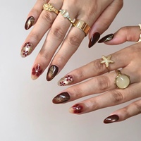 Herfst-winter Meh-Lad acryl amandelvormige opzetnagels bruine kattenoog gouden folie strass steentjes Franse tip handgeschilderde wijnrode nagels
