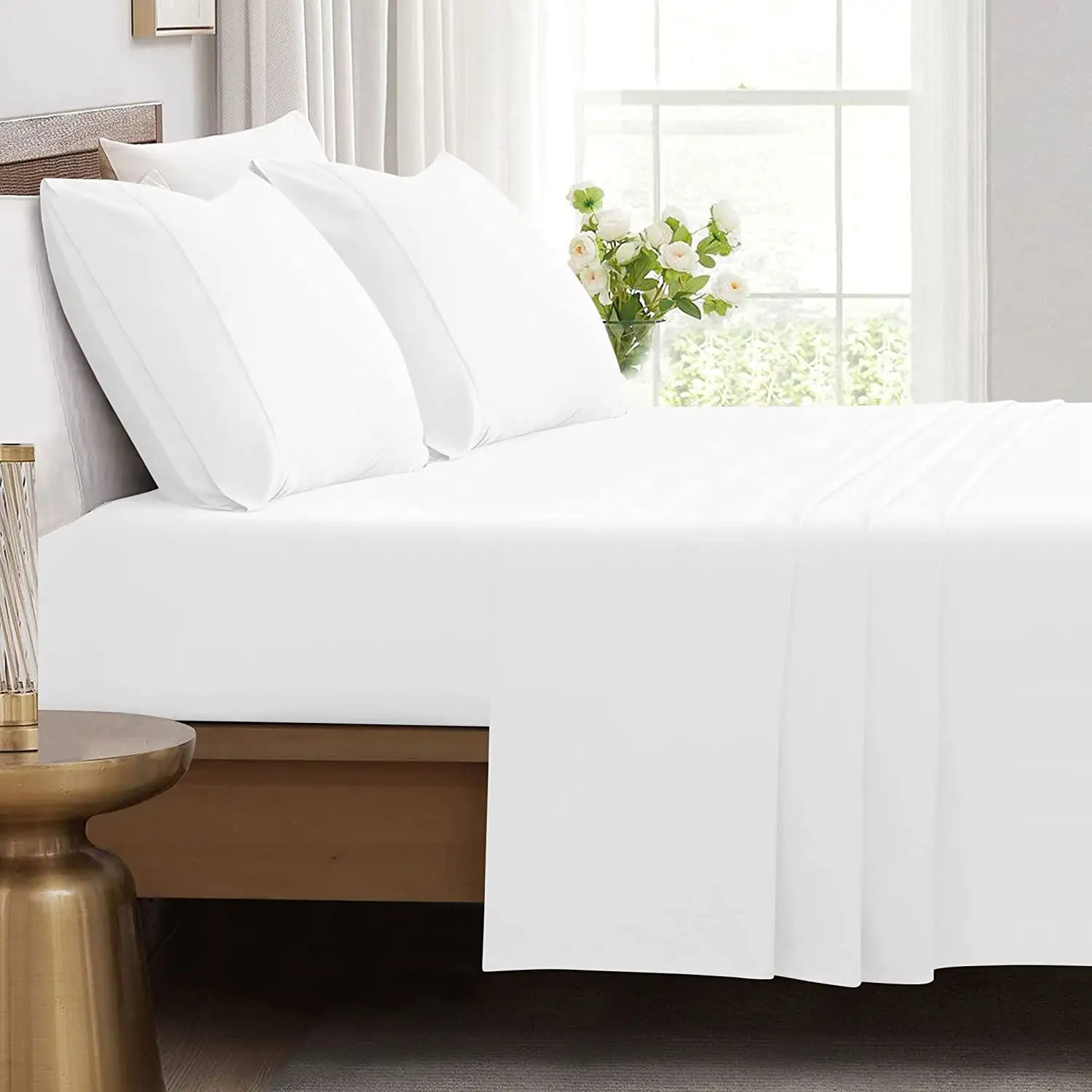 ผ้าปูที่นอนโรงแรมไมโครไฟเบอร์สีขาวผ้าปูที่นอนแบนและผ้าปูที่นอนเข้ารูปผ้า100% โพลีเอสเตอร์ทอลายทาง40 4ชิ้นจากอเมริกา