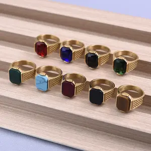 خاتم من العقيق والفولاذ المقاوم للصدأ مطلي بالذهب عيار 18 قيراطًا يحتوي على مجموعة متنوعة من الأحجار الكريمة بألوان عالية الجودة للرجال/السيدات