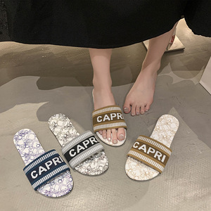 QF1 Spring New Home Embroidery Hot Grass-word Cushioning Slippers Women Wear High-end Temperament Flat <b>Sandals</b> - Product Image 1