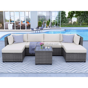 Conjunto de sofá seccional de mimbre de 7 piezas para patio - Muebles de jardín de mimbre de ratán para exteriores, conjunto de sofá esquinero con cojines - Product Image 4