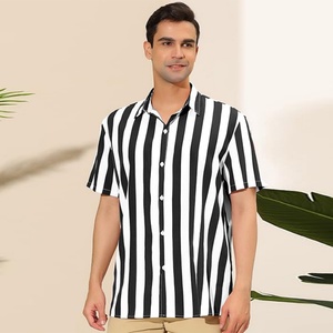 Men's ODM Custom Logo Stripe Print Breathable Stand Collar Short Sleeved Color Block Button <b>Down</b> Summer Beach Shirt 100% Cotton - Product Image 5