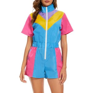 Combinaison une pièce color block pour femme, néon, manches courtes, fermeture éclair sur le devant, taille élastique, séchage rapide, tenue de soirée - Product Image 1